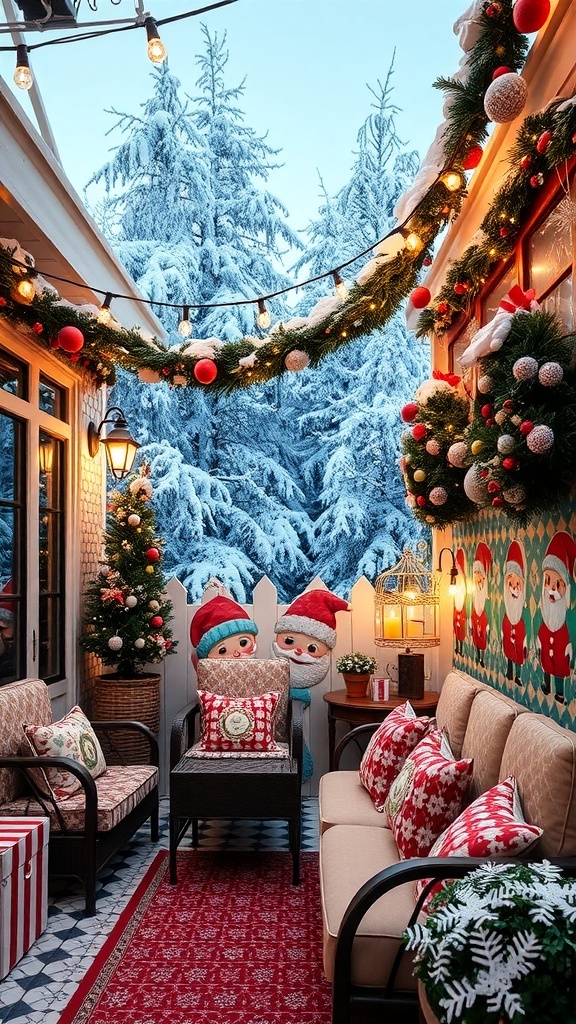 Outdoor Christmas wallpaper with snowflakes and Santa designs, decorated with lights and holiday ornaments.